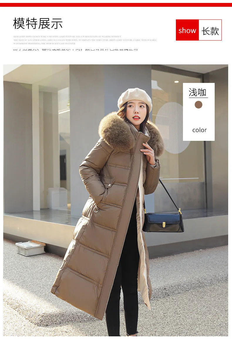 Winter 2025 New Women's Clothing Thickened Long Style Over the Knee Big Fur Collar Hooded Cotton Jacket Down Cotton Jacket Cot