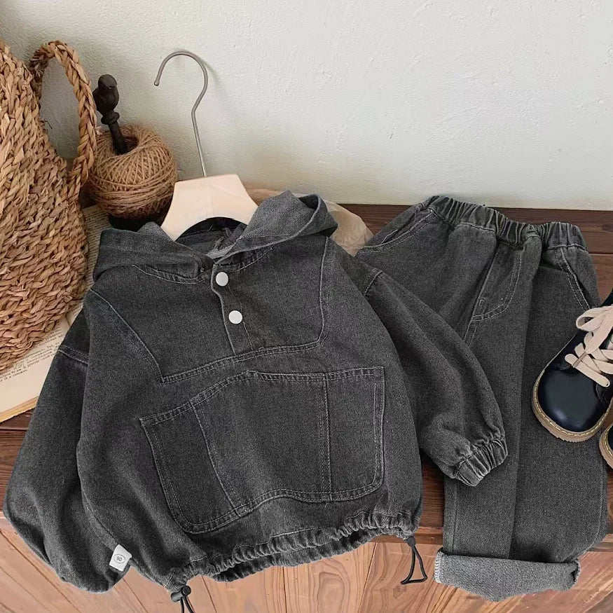 Children's clothing Spring and Autumn, boys' denim hooded sweatshirt, women's Baoyang solid color long sleeved top and pants set