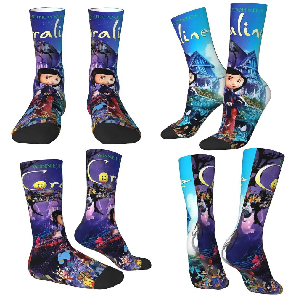 Coraline Horror Movie Stockings Design Funny Socks Autumn Non Skid Socks Couple Running Medium Soft Socks