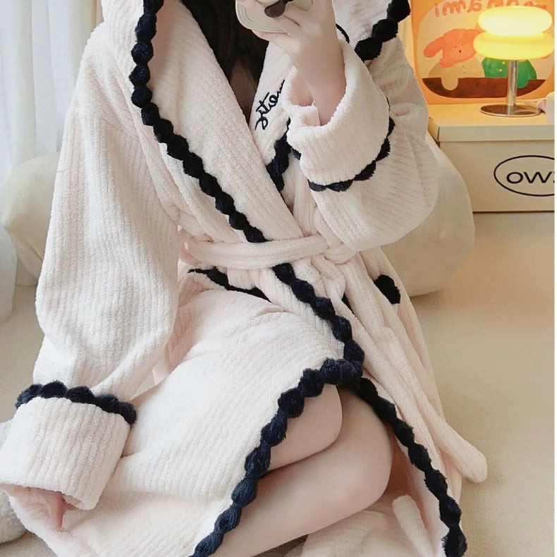 Women's Sexy Robe Coral Fleece Nightgown Female Autumn Winter Thickened Plush Warm Flannel Bathrobe Loose Casual Home Clothing