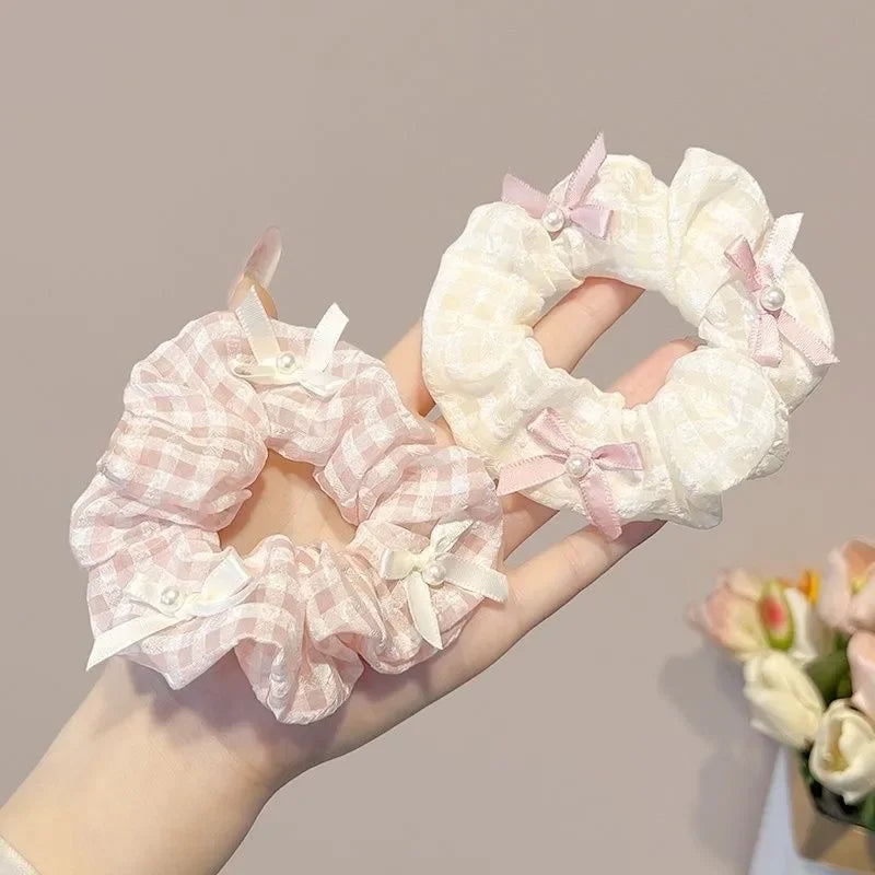 Sweet Satin Checkerboard Bow Hair Tie Women Ponytail Cute Hair Ring Fashion Hair Accessories