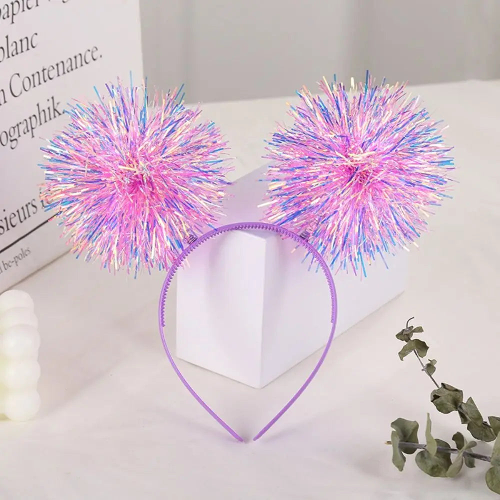 Trendy Bling Pom Pom Headband Cute Giltering Tinsel Headband Colorful Pompom Ball Headband Women Girls Pink