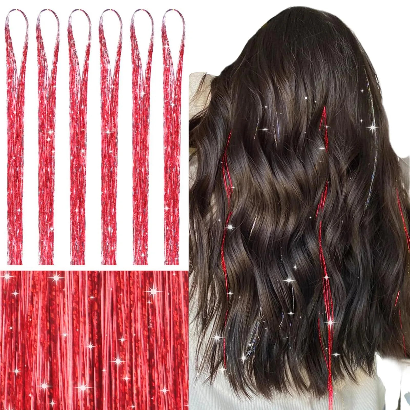 120cm Shiny Sparkle Threads Glitter Hair Tinsel Rainbow Strands Gold Hair Laser False Hair Extensions For Women Girls Styling