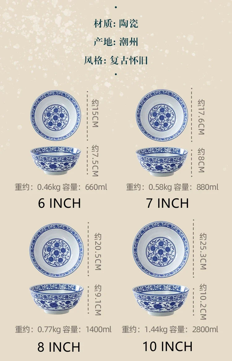 Ceramic Bowl Korean Blue and White Porcelain Tableware Large Noodle Bowl Japanese Retro Soup Bowl Home Kitchen Supplies