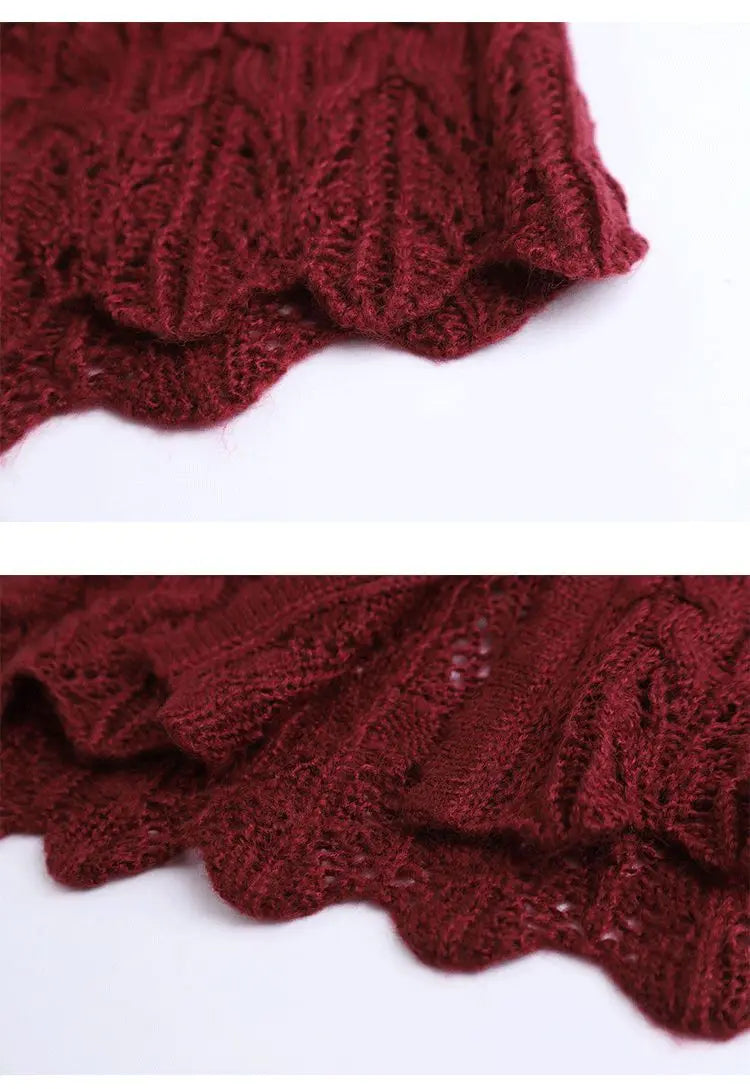 Women Clothing 2026 Autumn Winter Vintage Lovely Lace Doll Neck Wine Red Sweater Languid Breeze Soft Waxy Sweet Sweater Women