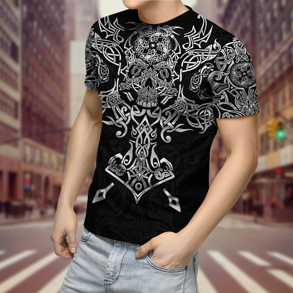 Summer 2022 Viking Mystic Ancient Symbol Charm with Men's Printed T-shirt O Neck Short Sleeve Oversized Loose Street Casual Top