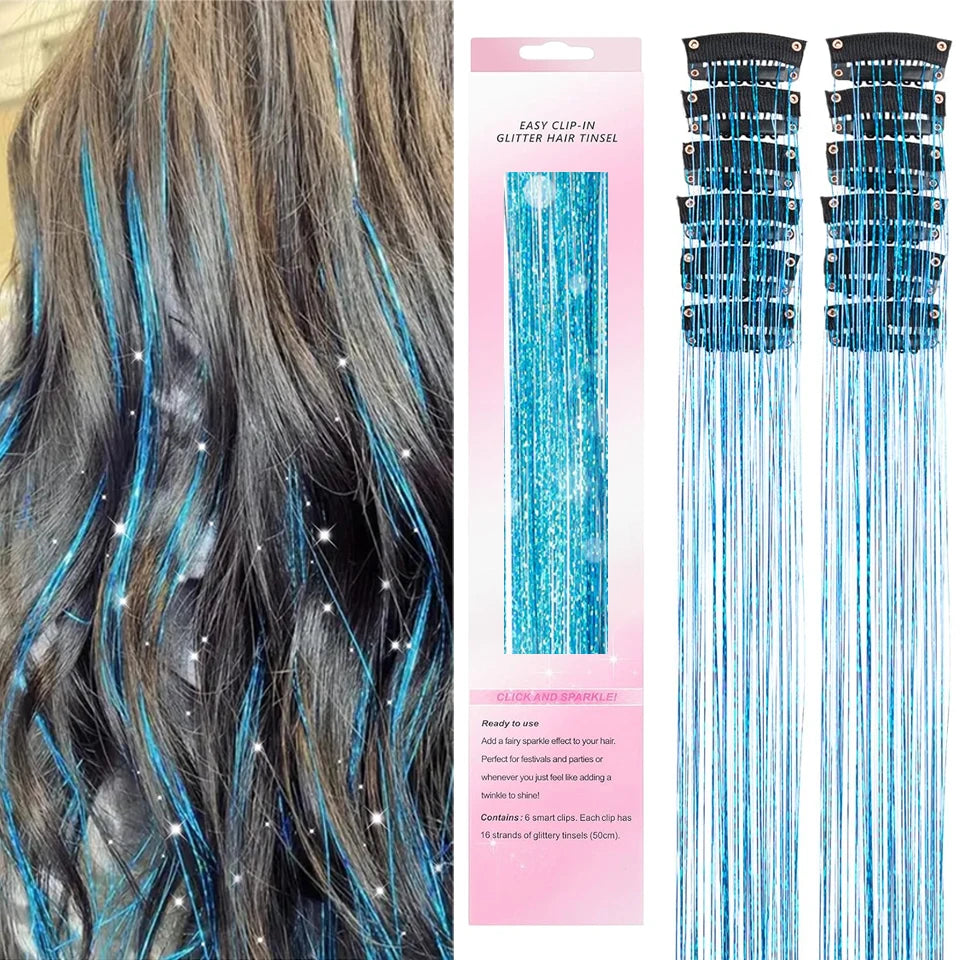 12Pcs Hair Tinsel Clip In Fashion Glitter Tinsel Synthetic Straight Hair Extensions Tinsel Kit Shiny Hair Accessories For Women