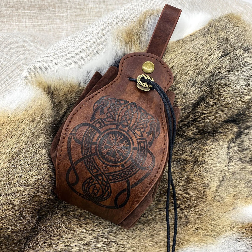 Vikings Rune Pouch String Coins Drawstring Bag Costume Vintage Halloween Accessory Leather Suede Medieval Loop Belt Kit Adult