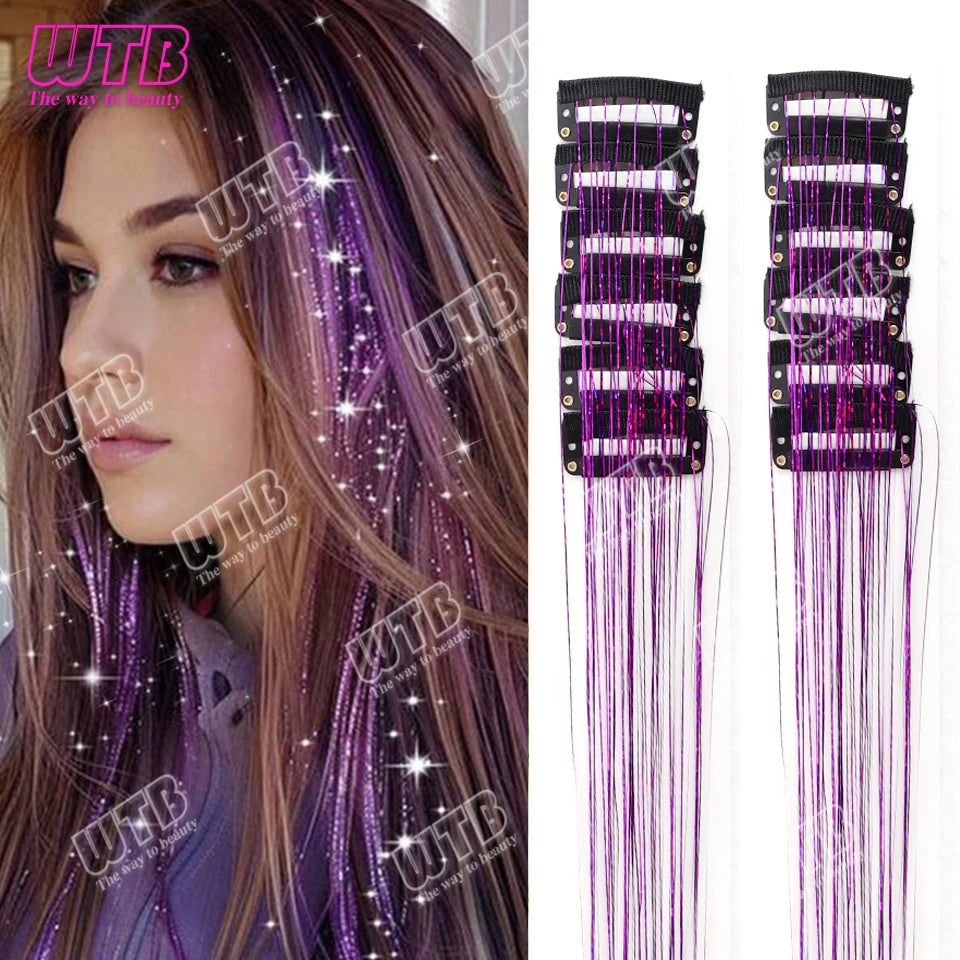 12Pcs 20Inch Glitter Tinsel Synthetic Straight Shining Hair Extensions Clip In Hair Tinsel Kit Sparkle Fairy Hair Accessories