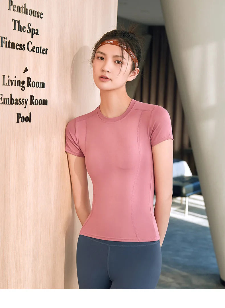 Fitness Sports T-shirt Women Solid Color V Neck Short Sleeve Moisture Wicking Athletic Shirts Top Ladies Sport Activewear Top