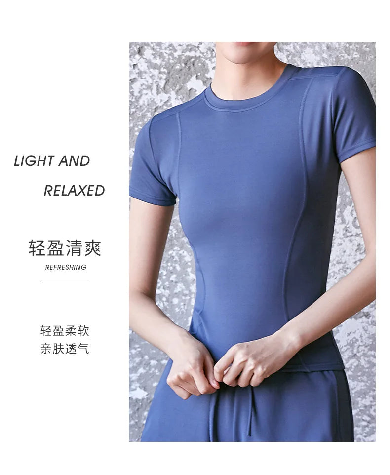 Fitness Sports T-shirt Women Solid Color V Neck Short Sleeve Moisture Wicking Athletic Shirts Top Ladies Sport Activewear Top