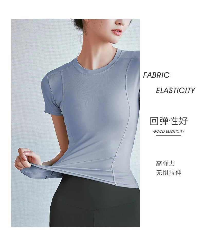 Fitness Sports T-shirt Women Solid Color V Neck Short Sleeve Moisture Wicking Athletic Shirts Top Ladies Sport Activewear Top
